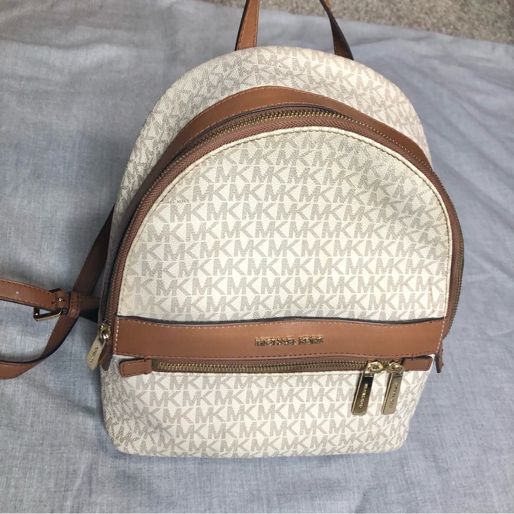 Michael Kors Kenly Medium Backpack Purse Signature Cream and Brown